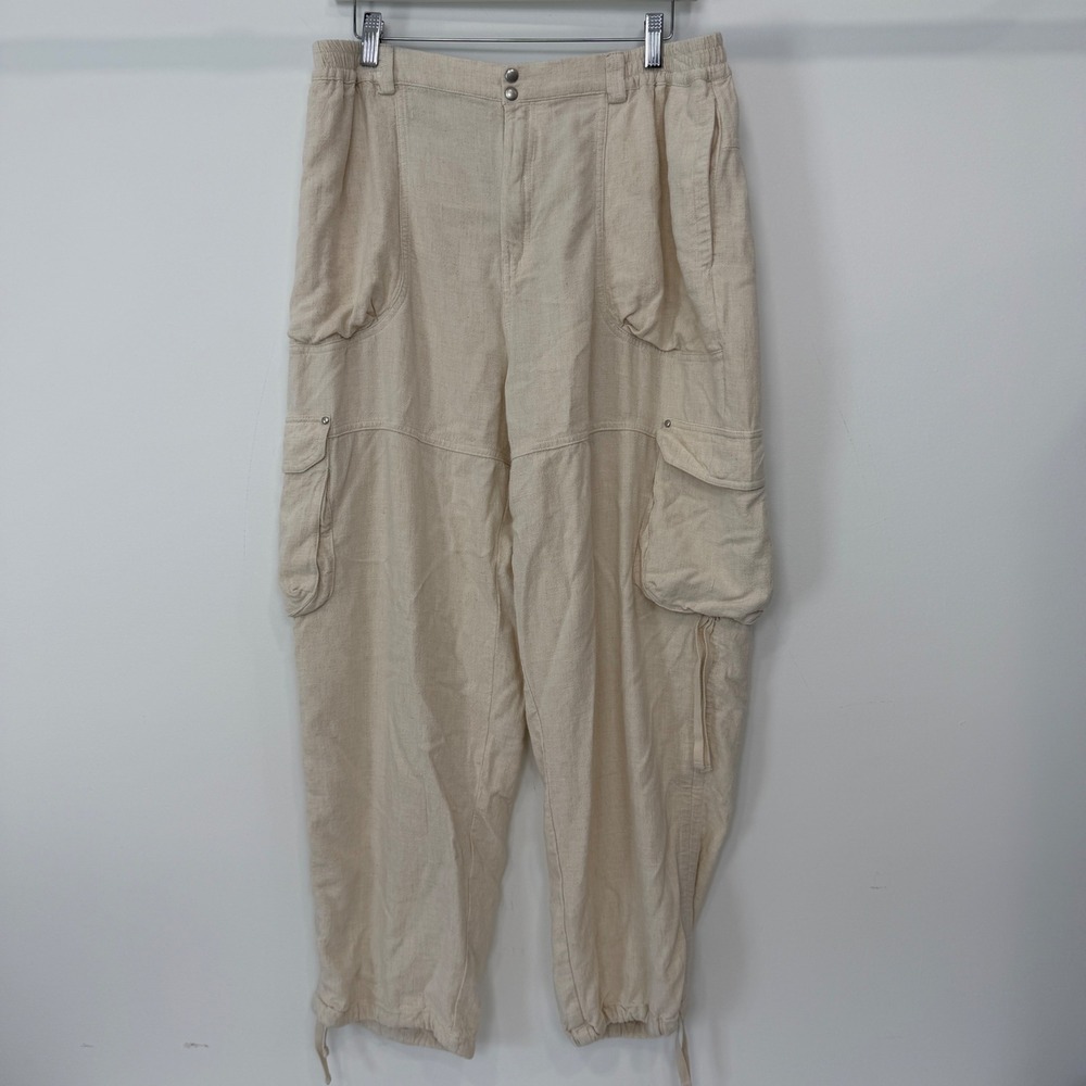 Anthropologie Linen Blend Cargo Pants Beige Elastic Waist Utility Trousers L